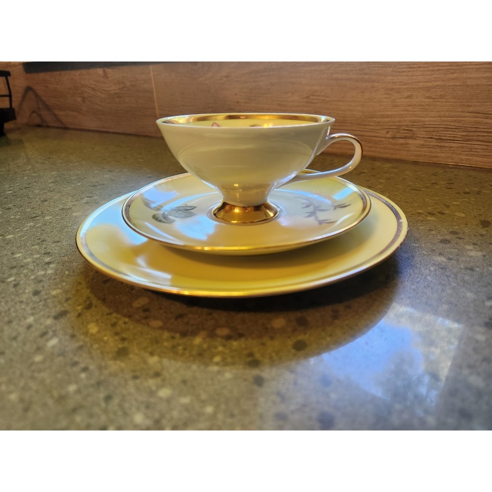 VTG Wundsiedel Bavaria Teacup Saucer Dessert Plate Set Gold Rim Floral Motif - Picture 2 of 8